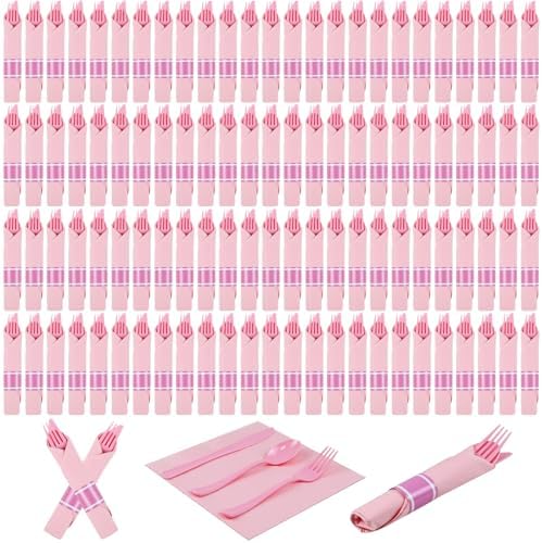 100 Pack Pre Rolled Pink Plastic Cutlery Set with Paper Napkins by conglow