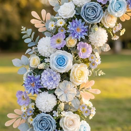 Artificial Flower Combo Box, Blue White Roses & Dahlias with Stems - Image 3