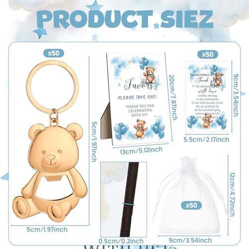 50 Set Bear Bottle Opener Baby Shower Party Favors Bulk,Blue - Image 2