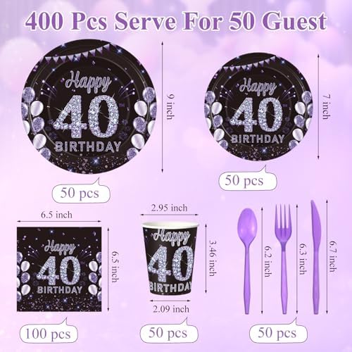 Pickmesh 400 Pcs 40th Birthday Party Supplies Purple Black Plates Serve 50 - Image 2
