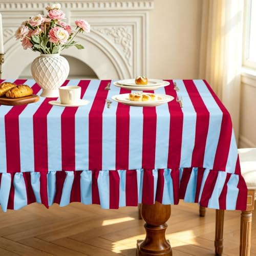 JarThenaAMCS Ruffle Tablecloth Blue Burgundy Striped Table Cloth Rectangle Decorative Table Cover for Home Kitchen Dining Baby Shower Wedding Birthday Party Decor, 60 x 120 Inch by JarThenaAMCS