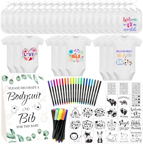 Bibs Bodysuits Baby Shower Game Sign Set Newborn Onesies Feeder Gift Fabric Marker Stencils Kit by Aisharery