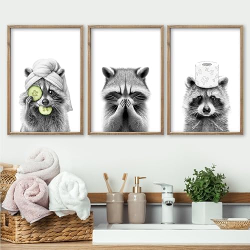 flowtorely Raccoon Bathroom Wall Decor Art 16x11 Inch Set of 3 Wood - Image 4