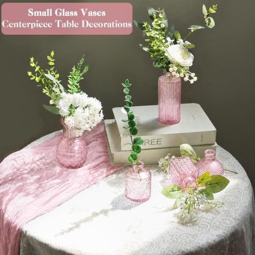 WARMALL Artificial Flowers with Vases, 16 Pcs Pink Bud Vases, & 81 Pcs Artificial Plants DIY Set Suitable for Centerpieces Table Weddings Party Office and Indoor Decor Mini Small Glass Clear - Image 4