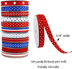 11 Rolls 5 Yards Ribbons 3/8 inch Wide Patriotic Ribbon Red White Blue Grosgrain Ribbon - Image 2