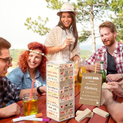 Beeveer 80 Wedding Guest Book Alternative Tumbling Tower Wooden Block, Boho - Image 5