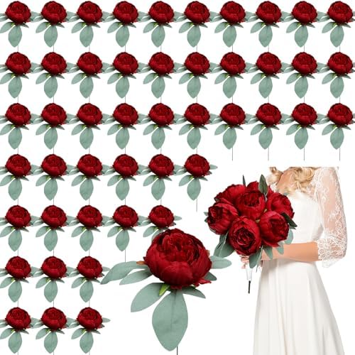 50Pcs Peonies Artificial Flowers Bulk, 4’’ Burgundy by Scawim