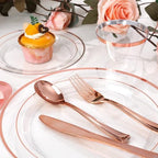 bUCLA 600PCS Clear Rose Gold Plastic Dinnerware Set Disposable - Include 100 Dinner Plates, 100 Dessert Plates, 100 Knives, 100 Forks, 100 Spoons, 100 Cups for Party & Wedding - Image 2