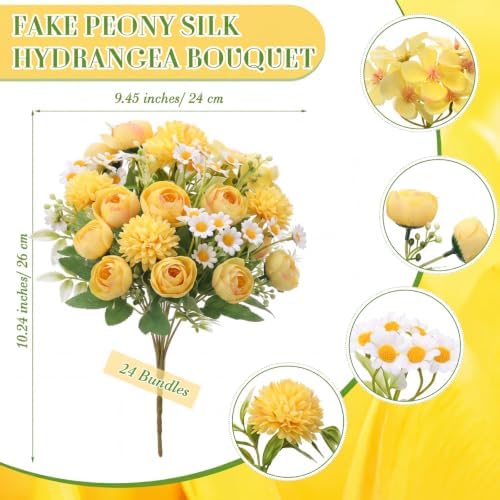 Tigeen 24 Bundles Peonies Artificial Flowers Faux Roses, Light Yellow - Image 2