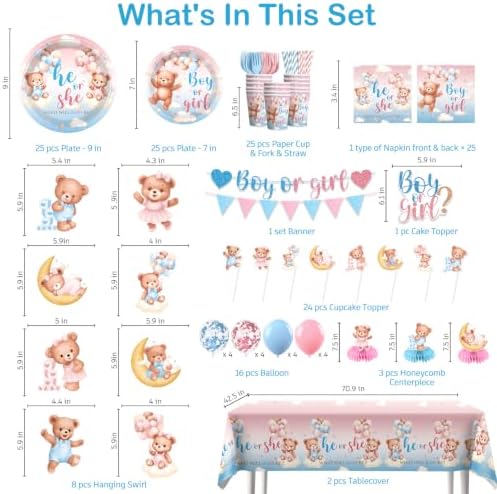 Xynic 206Pcs Bear Gender Reveal Decorations Tableware Set, Serves 25 - Image 2