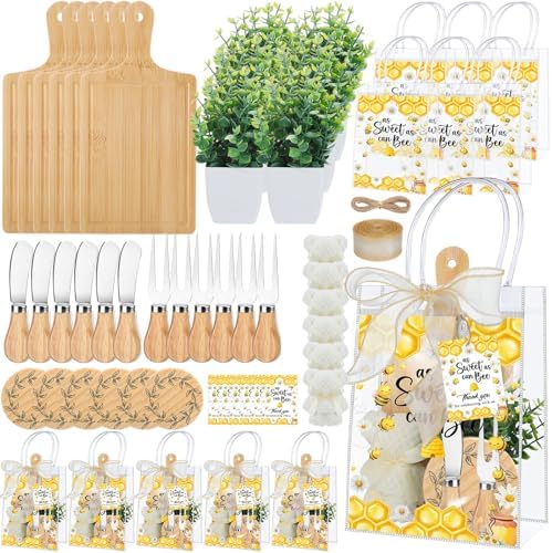 Honeydak 49 Pcs Baby Shower Prizes for Game Players 6 Set Cheese Board Fork Knives Coaster Towel Artificial Potted Plant Thanks Card Gift Bag for Baby Bridal Shower Wedding Favors(Honey Bee) by Honeydak