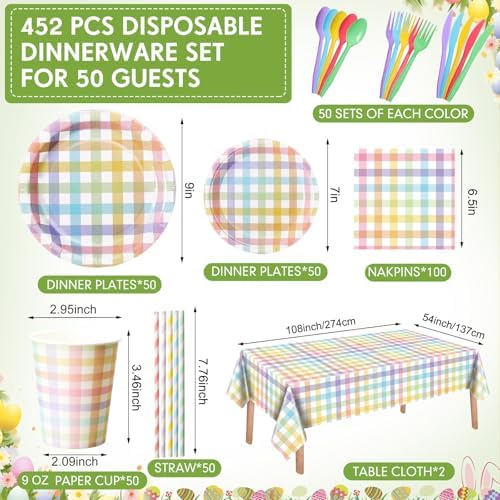 Funnymoom 452 Pcs Pastel Easter Party Decoration for 50, Spring Easter Paper Plates Napkins Cups Tablecloth Cutlery Straws Rainbow Pastel Gingham Plaid Tableware for Spring Birthday Party Supplies - Image 3