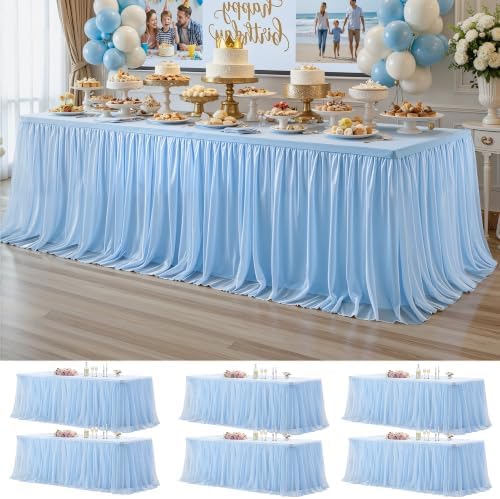 Wish Care 6 Pack Baby Blue Tulle Table Cloth for 8 Foot Rectangle Tables Wrinkle Free Stretch 8ft Light Blue Tablecloths Tutu Skirt Ruffle Fitted Table Cover for Birthday Baby Shower Party Tablecloth by WishCare