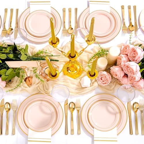 GATHER 700PCS Pink Plastic Plates 100 Guest with Gold Rim for Wedding Party - Image 3