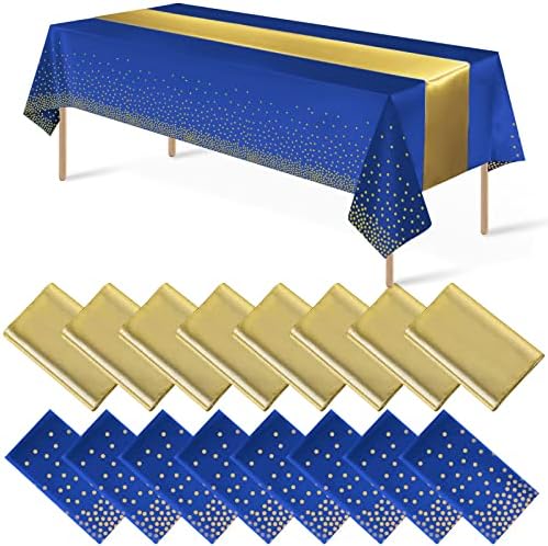 16Pack Disposable Plastic Tablecloths and Satin Table Runner Set Blue and Gold Dot Tablecloth Gold Satin Table Runner for Wedding Birthday Baby Shower Anniversary Christmas New Year Party Decorations by MASHAN