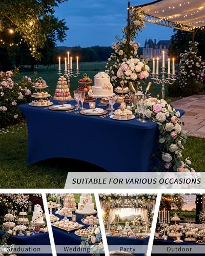 Fixwal 3 Pack 8FT Navy Blue Tablecloth Rectangle Spandex Table Cover - Image 7