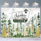 Watercolor Gold Glitter Let The Adventure Begin Backdrop Mountain Pine Tree Wilderness Background Bear Badge Woodland Adventure Baby Shower 1st Birthday Party Photography Booth Banner，A：8X6FT - Image 5