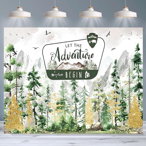 Watercolor Gold Glitter Let The Adventure Begin Backdrop Mountain Pine Tree Wilderness Background Bear Badge Woodland Adventure Baby Shower 1st Birthday Party Photography Booth Banner，A：9X6FT - Image 4