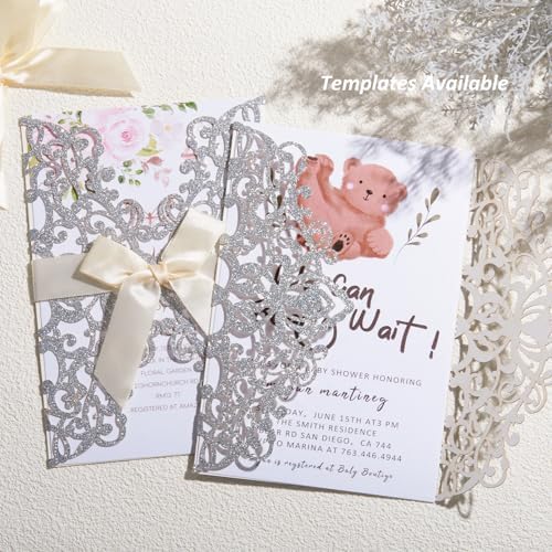 50Pcs Glitter Laser Cut Wedding Invitation Cards with Envelope Silvery - Image 3