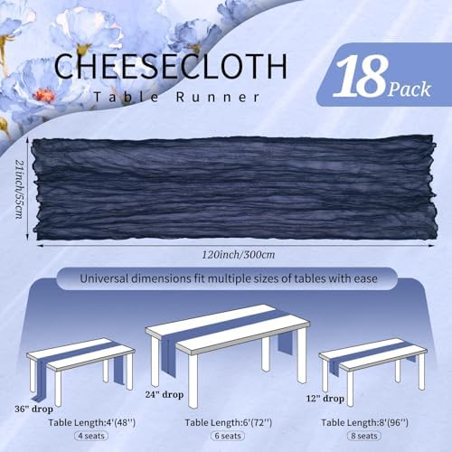 18 Pack Cheesecloth Table Runner 10FT Navy Blue Table Runner Boho Gauze Cheese Cloth Table Runners Long Rustic Sheer Table Decorations for Wedding Party Baby Bridal Shower Birthday Holiday Home - Image 2