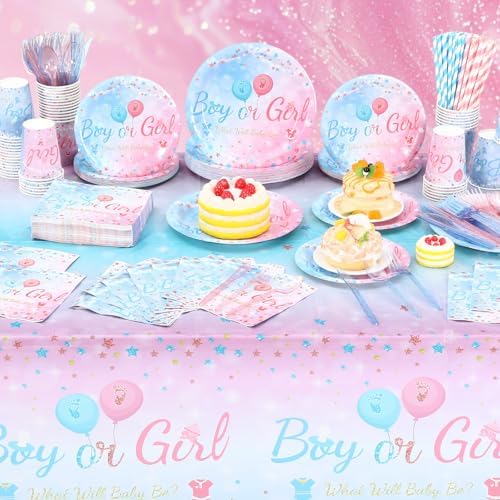 Funnymoom 452 Pcs Gender Reveal Party Supplies for 50 Guests, Pink and Blue Gender Reveal Paper Plates Napkins Cups Tablecloth Cutlery Straws Disposable Tableware for Baby Shower Party Decoration - Image 6