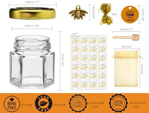 Small Honey Jar, Mini Honey Jars with Dippers, Hexagonal Jars 1.5oz 60 Pack - Image 2