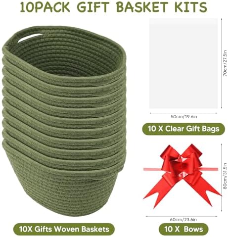 10PACK Baskets for Gifts Empty, 12"x 8"x 5" Woven Gift Baskets with Gift Bags and Bows, Empty Gift Baskets for Christmas, Baby Gift Basket for Nursery, Shelf Small Storage Basket with Handles, Green - Image 2