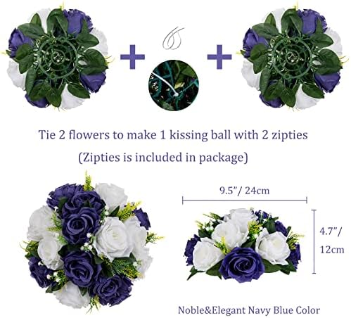 BLOSMON Flower Balls Table Centerpieces: 6 Pcs Fake Flowers Navy Blue White Wedding Kissing Rose Balls Decor - Artificial Floral Arrangements Flower Bouquet of Roses Home Party Table DIY Decorations - Image 4