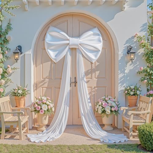 Large White Bow Decor, 24x16x79 Inches Big Silky Ribbon Bows for Room Wall Door Decorations Oversized Coquette Stain Bow Party Decorations for Birthday Bridal Baby Shower Wedding Photo Booth Backdrop - Image 2