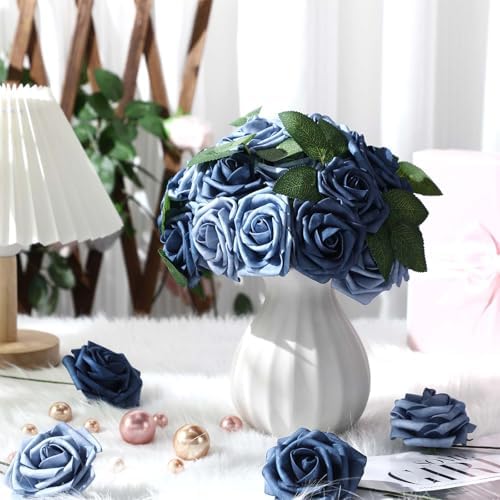 100 Pcs Artificial Rose Flowers, Dusty Blue Shades - Image 4