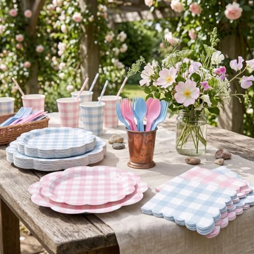 Pink and Blue Gingham Dinnerware Set, 350 Pcs, Serves 50 - Image 3