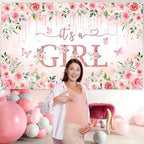 Avezano Girl Baby Shower Backdrop Banner Pink Flower Baby Shower Decorations Rose Gold It's a Girl Banner Floral Gender Reveal Photo Booth Props Background (8x6ft) - Image 5