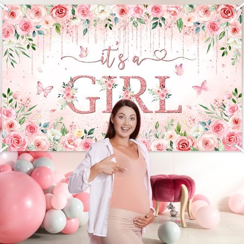Avezano Girl Baby Shower Backdrop Banner Pink Flower Baby Shower Decorations Rose Gold It's a Girl Banner Floral Gender Reveal Photo Booth Props Background (8x6ft) - Image 5