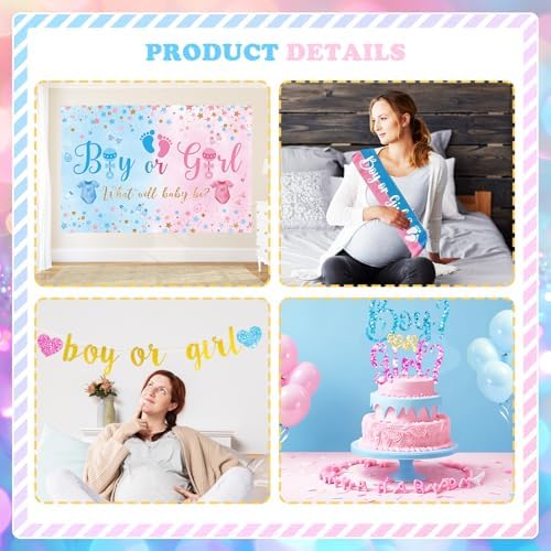 170 PCs Baby Boxes Gender Reveal Decorations, Hombae Boy or Girl Gender Reveal Decorations What Will Baby Be Backdrop Balloon Garland Banner Tablecloth Cake Cupcake Topper Cutout Poster Sash Pink Blue - Image 4