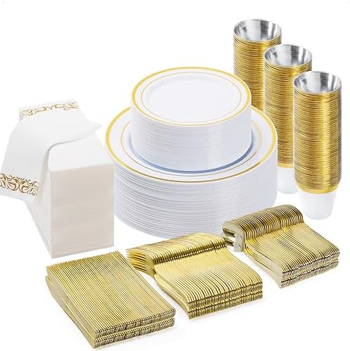 BESTVIP 350 PCS Disposable White and Gold Plastic Plates for 50 Guests by Bestvip