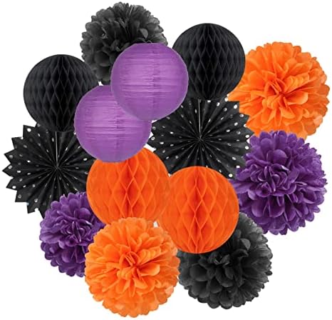 Black Orange Purple Halloween Party-Decorations - 18pcs Kits Paper Lanterns Fan,Tissue Flower Pom Poms Streamers,Honeycomb Balls,Graduation Birthday Wedding Baby Bridal Shower Decor Lasting Surprise - Image 2