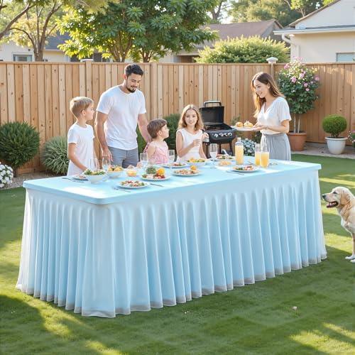 PARTISKY Blue Tablecloths 4 Foot Rectangle Tables, Spandex Fitted Tablecloth Stretch Table Cover with Tulle Skirt for Baby Shower Birthday Party Wedding Banquet Dessert Table Decorations - Image 5