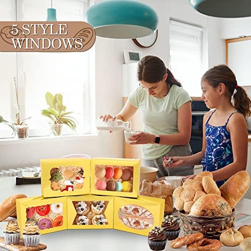 KPOSIYA 65 PCS 8x6x2.5 Inch Cookie Boxes with Window Gold Bakery Boxes Pastry Boxes for Gift Giving, Treat, Dessert, Cupcakes, Chocolate, Strawberries, Donuts, Muffins (5 Style Windows) - Image 5