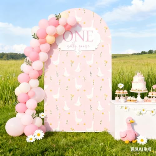 One Silly Goose Arch Backdrop Cover 6FT Pink Plaids Stretchy Arched Stand Cover for Baby Girls 1st Birthday Baby Shower Party Decoration - Image 7