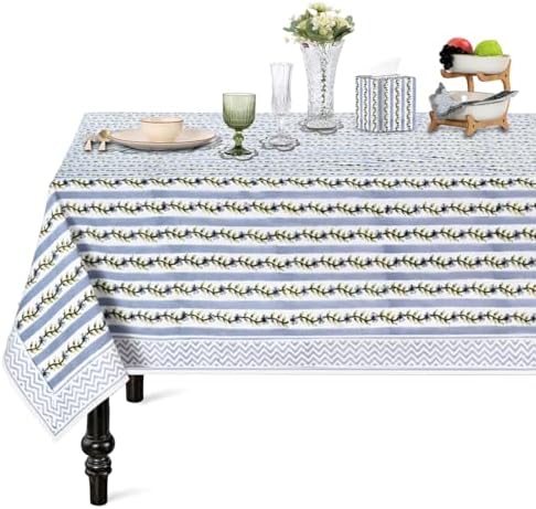 Ridhi Blue Meadow Vine Hand Block Print Cotton Tablecloth 108 x 60 Inch by Ridhi