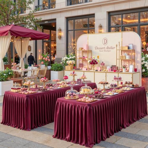 1 Pack Burgundy Satin Tablecloths Rectangle 4FT, Glitter Spandex Fitted Stretch Table Covers Wrinkle-Free Floor Length Shimmer Table Skirt for Weddings Parties Baby Shower Banquets Vendor Events - Image 5