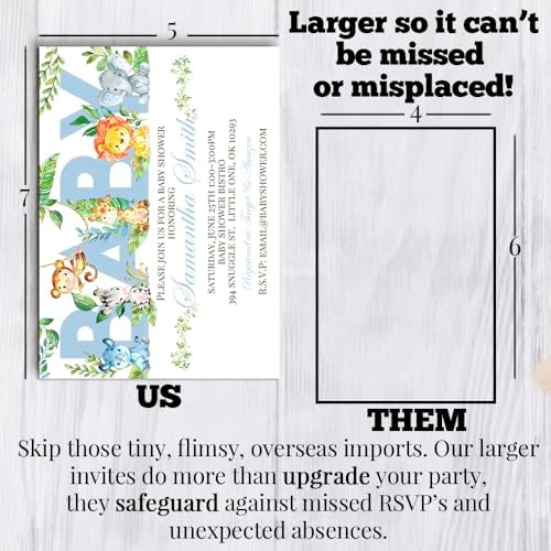 Custom Baby Shower Invites Blue Watercolor Jungle Invitations 20 5x7 Personalized Watercolor Safari Jungle Invitations With Envelopes - Unique Boy Watercolor Safari Jungle Baby Shower Cards - Image 7