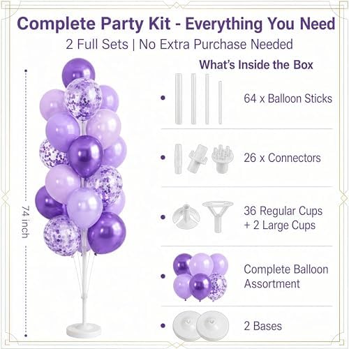 Balloon Column Kit Set of 2 With Balloons Included - with Base, and Pole,Balloon Tower Backdrop Decoration for Wedding, Baby Shower, Birthday Party, or Bachelorette Parties (Enigmatic Purple) - Image 2