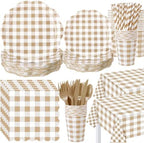 Funnymoom 452 Pcs Brown Gingham Party Supply for 50, Beige Plates Napkins by Funnymoom