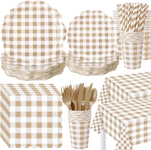 Funnymoom 452 Pcs Brown Gingham Party Supply for 50, Beige Plates Napkins by Funnymoom