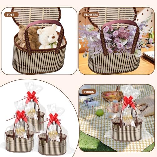 8 Set Baskets for Gifts Large Empty Woven Bamboo Gift Basket Bulk Kit with Handles and Clear Cellophane Wrap, for Baby Shower, Birthday Party, and Wrapping Gift Bags and Cards Supplies - Image 5