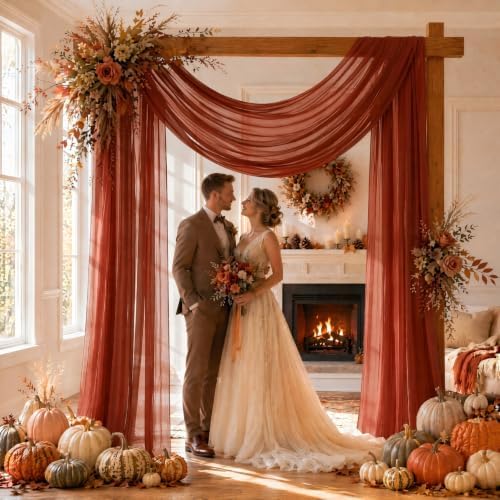 Terracotta Wedding Arch Draping Fabric Sheer Curtain Drapes 4 Panels | 20ft Burnt Orange Extra Long Shimmery Backdrop Curtains for Wedding Anniversary Fall Outdoor Events Drapery Backgrounds - Image 3