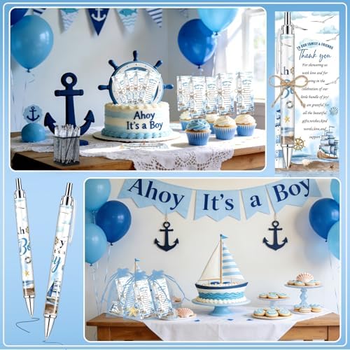 145 Pieces Ahoy It’s a Boy Baby Shower Favors for Guest Nautical Ballpoint Pens and Keychains Gifts Bulk Retractable Baby Shower Pens Gender Reveal Greeting Cards Souvenirs Prizes - Image 6