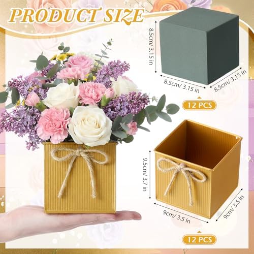 12 Pack Galvanized Square Vases with Floral Foam 3.5 Inch, Gold - Image 2