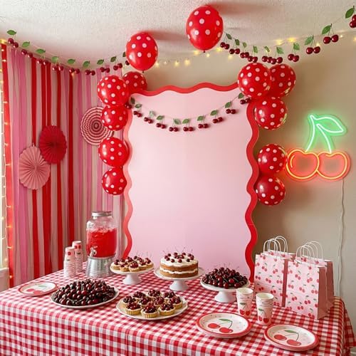 Leinuosen 6 ft Scalloped Pink Red Cardboard Cutout Backdrop Strawberry Baby Shower Cherry Birthday Party Decorations Lifesize Coquette Pink Wavy Backdrop Standup for Wedding Bridal Shower - Image 4